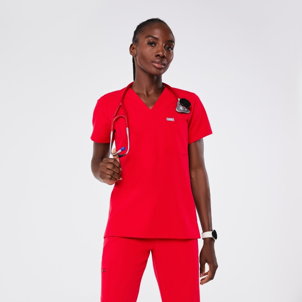 Figs Pop Red Catarina Scrub Top and High Waisted Livingston Scrub Pant